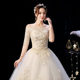 Runhufu Dress 2023 The Elegant Boat Neck Sweep Train Princess Wedding Gowns Champagne Lace Plus Size Wedding Dresses F