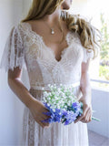 Runhufu Lace V-neck A-line/Princess Train Brush Bohemian Wedding Dress Butterfly Sleeve Nude Bridal Dress with Color