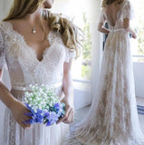 Runhufu Lace V-neck A-line/Princess Train Brush Bohemian Wedding Dress Butterfly Sleeve Nude Bridal Dress with Color