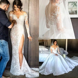 Runhufu Illusion Scoop Neck Appliques Lace Mermaid Wedding Dresses Long Sleeve Detachable Train Bride Dress Custom Vestido De Noive