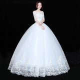 runhufu Novias Vestidos de Noiva Ball Gown Lace Wedding Dress Half Sleeves Off Shoulder Tulle Puffy Bride Gowns Simple Elegant Dress