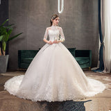 runhufu Embroidery Wedding Dress With Big Train 2023 High Neck Half Sleeve Wedding Gown Vintage Bridal Gown