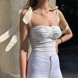 Runhufu Lace Up Camisole Women Vest Chic Summer New Sleeveless Square Collar Sling Crop Top Solid Color Lady Backless Camis