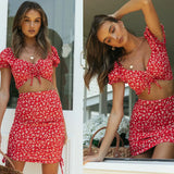 Runhufu Summer Red Floral Two Pieces Sets Women Puff Sleeve T-Shirt Crop Tops Lace-up High-Waist Bodycon Skirt Party Wear Outfits