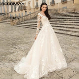 Runhufu Elegant O-Neck Wedding Dresses Lace Up A-Line Appliques Long Sleeves Beach Bride Gowns robe de mariée bohème Plus Size