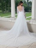 Runhufu Sleeve Jumpsuit Wedding Dresses With Detachable Train 2023 Lace Appliques Tulle Pants Suit Bridal Gown Button Back Elegant