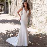 Runhufu Mermaid Wedding Dresses Sheer V-Neck Sleeveless Crystal Sweep Train Elegant Satin Bridal Gown With Button Back 2023