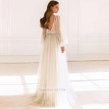 Runhufu Sheer Top Long Sleeve Lace Appliqued A-Line Glitter Tulle Bride Gowns Wedding Dresses 2024