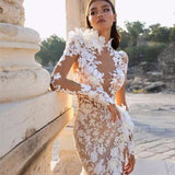 Runhufu Arabia Mermaid Wedding Dresses High Collar Side Split Illusion Lace Appliques Long Sleeve Boho Bridal GownsSweep Train