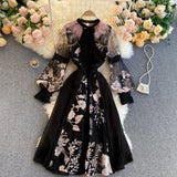 Runhufu High Quality Elegant Party Dress Women Korean Design Long Sleeve A-line Dress 2024 Spring Mesh Embroidery Flower Dress