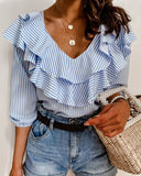 Runhufu New Blue Striped Ruffles Collar Blouse for Women Summer Tops Office Lady Half Sleeve V-Neck Shirts Elegant Women Blouse