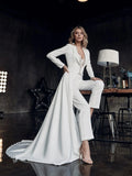 Runhufu Wedding Jumpsuits Lace Long Jacket With Train Appliqued Sweetheart Bridal Pants Suit Custom Made Beach Robe De Mariee