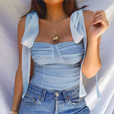 Runhufu Lace Up Camisole Women Vest Chic Summer New Sleeveless Square Collar Sling Crop Top Solid Color Lady Backless Camis