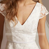 Runhufu Lace Short Wedding Dress White Tea Length Cap Sleeve Party Bridal Gown Simple A Line V-Neck Open Back Vestidos De Noiva