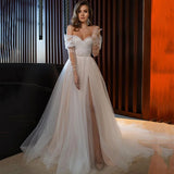 Runhufu Champagne Wedding Dresses Sexy Split Side Dots Tulle Long Sleeve Bride Dress 2024 Off Shoulder Cheap Wedding Gowns Plus