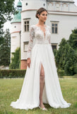 Runhufu 2024 Summer Beach Wedding Dress V Neck Long Sleeve Full Length Chiffon Front Slit Cheap Bohemian Bride Gowns