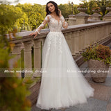 Runhufu Long Sleeve Appliques Lace A-Line Buttons Tulle Wedding Dress 2024 Vestido De Noiva Bridal Gown