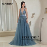 Runhufu Elegant V Neck Gray Blue Long Evening Dresses 2024 Party Sexy Backless Prom Gown Sleeveless Robe De Soiree For Women