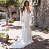 Runhufu Mermaid Wedding Dresses Sheer V-Neck Sleeveless Crystal Sweep Train Elegant Satin Bridal Gown With Button Back 2023