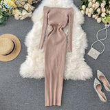 Runhufu Slash Neck Knitted Dress Women Sexy Off Shoulder Cross Elastic Warm Dress Autumn Winter Fashion Sweater Bodycon Dress