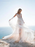 Runhufu Beach Short Wedding Dresses 2 Pieces Detachable Train Beading Appliques Lace Bridal Gown Customize Cap Sleeve