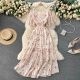 Runhufu Women Chiffon Floral Long Dress Korean V Neck Short Sleeve Ruched A-line Dresses Summer Bohemian Print Beach Dress