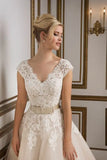 Runhufu Length Short Wedding Dresses 2024 Elegant Cap Sleeve V-Neck Bridal Dress Vestido de Noiva Autumn Sashes Lace Appliques