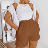 Runhufu Women Casual Sports Shorts Solid Color Elastic Waist Wide Leg Shorts with Slant Pockets Female Tracksuit Workout Bottoms Shorts