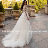 Runhufu Long Sleeve Appliques Lace A-Line Buttons Tulle Wedding Dress 2024 Vestido De Noiva Bridal Gown