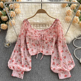 Runhufu Bohemian Floral Blouses Women Gentle Sweet French Elastic Ruched Slim Tops Spring Casual Vacation Elegant Print Shirts