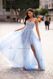 Runhufu Line Sky Blue Wedding Dresses Off Shoulder Sweetheart Beaded Lace Appliques High Split Tulle Boho Wedding Gowns