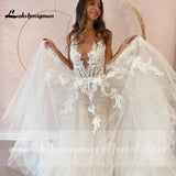 Runhufu A-Line Backless Wedding Dress 2024 Vintage Lace Applique Beaded Off White Tulle Wedding Gowns Trouwjurk Long Bridal Dress