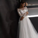 Runhufu Tulle Scoop Wedding Dress Simple Long Sleeves A-Line Lace Appliques Illusion Back With Button Bridal Gown Custom Made