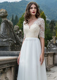Runhufu Sleeves A Line Wedding Dresses V Neck Lace Appliques Bridal Gown Floor Length Buttons Back Ivory Tulle Bohemian Bride Dress