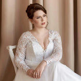 Runhufu Size Wedding Dress A-line Tulle 2023 Elegant Long Sleeve V-neck Sweep Train Bridal Gowns with Applique vestidos de novia