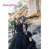 Runhufu Long Sleeves A-Line Black Wedding Dress with Removable Lace Jacket Long Tulle Bridal Dress vestido de novia corto