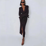 Runhufu Autumn Winter Elegant Knit Rib Bodycon Dress Office Lady Long Sleeve Lapel Button down Midi Dress Party Casual Women Wear