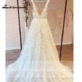 runhufu Champagne V Neck Lace Appliques Wedding Dress 2023 with Shiny Tulle Vestidos Garden A Line Backless Bridal Gowns