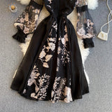 Runhufu High Quality Elegant Party Dress Women Korean Design Long Sleeve A-line Dress 2024 Spring Mesh Embroidery Flower Dress
