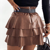 Runhufu Style Women High Waist Ruffles Skirts Solid Color Layered Fall Winter Leather Skirt A-Line Lady Tutu Mini Skirts