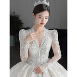 runhufu Sleeved Winter Wedding Dress 2023 New V Neck Luxury Beading Princes Wedding Gown Vestido De Noiva