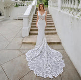 Runhufu Dress Mermaid V-Neck Tank Backless Lace Appliques Sequined Tulle Floor Length Sweep Train Gorgeous Bride Gown 2023