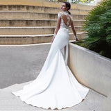 Runhufu High Neck Long Sleeve Mermaid Wedding Dress Satin 2023 Lace Appliques Bridal Gown With Bow Gorgeous Train Button Back