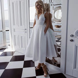Runhufu Short Wedding Dresses Satin A-Line V-Neck Sleeveless Lace Sexy Open Back Cheap White Tea-Length Bridal Gown Custom Made