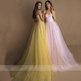 Runhufu Arrival Sweetheart Detachable Short Sleeve Beads Belt Pink Tulle A-Line Evening Dresses Yellow Prom Gowns Robe De Soiree