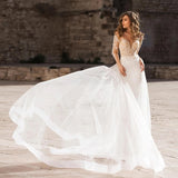 Runhufu Lace Long Sleeve Wedding Dress Mermaid Sexy V-Neck Bridal Gown Appliques Open Back Spandex And Tulle Train Custom Made