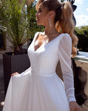Runhufu Boho V-Neck Wedding Dress For Women Long Sleeves Pleats A-Line Simple Chiffon Bride Gown Sweep Train Vestido de Novia