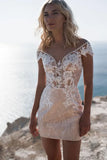 Runhufu Beach Short Wedding Dresses 2 Pieces Detachable Train Beading Appliques Lace Bridal Gown Customize Cap Sleeve