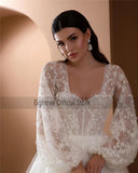 Runhufu Vintage Starry Long Sleeve Wedding Dress Lace Vestidos de Noiva Plus Size Bridal Dresses Sweep Train Wedding Gowns