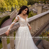 Runhufu Long Sleeve Appliques Lace A-Line Buttons Tulle Wedding Dress 2024 Vestido De Noiva Bridal Gown